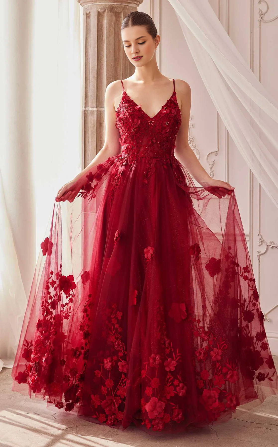 Abito da ballo a trapezio con spalline sottili in chiffon con decalcomania floreale 3D